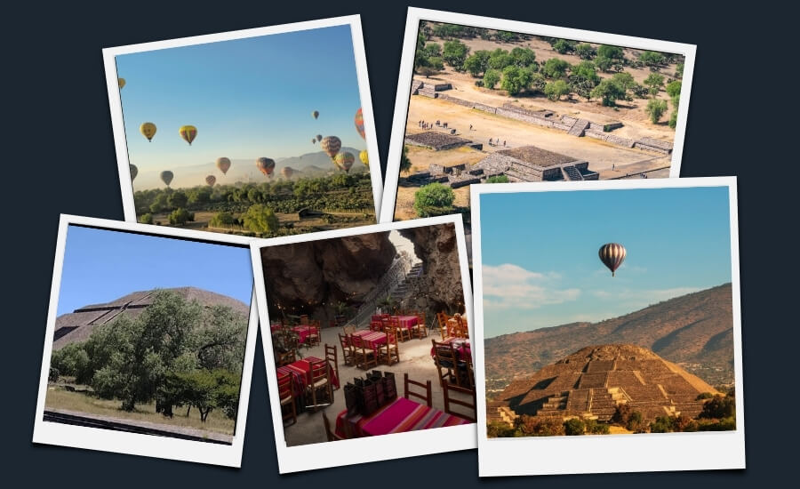 Collage of Teotihuacan private tour experiences: hot air balloon flight at sunrise, the cave restaurant breakfast, and aerial views of the Sun and Moon pyramids.
