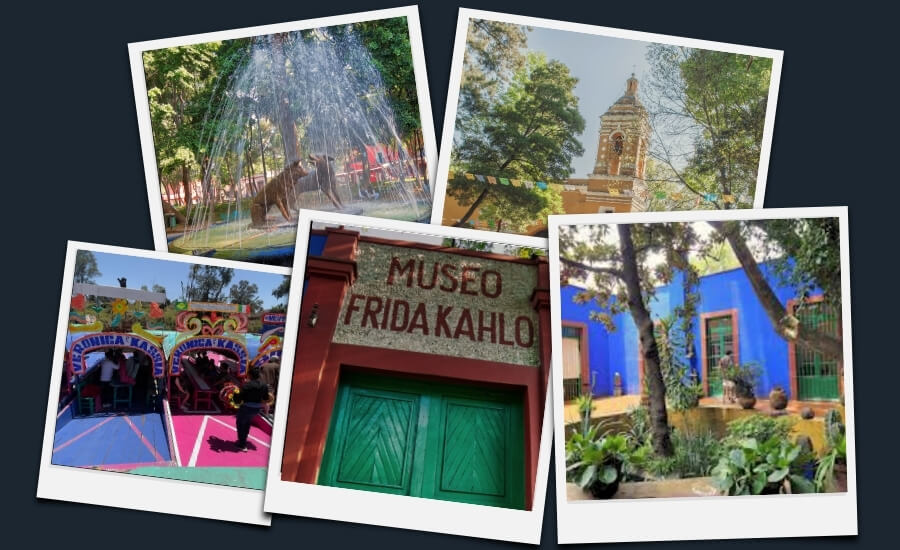 Picture collage of Coyoacan, Xochimilco and Frida Kahlo Museum