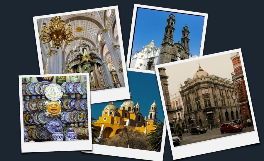 Picture Collage of main landmarks in Historic Downtown Puebla