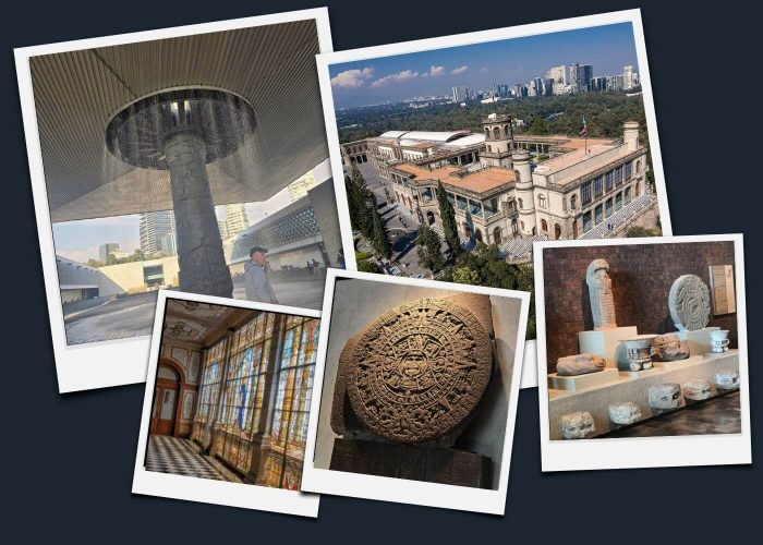 Collage showcasing Chapultepec Castle's white facade, the Aztec Sun Stone (Calendar), and the iconic umbrella fountain at the National Museum of Anthropology in Mexico City.