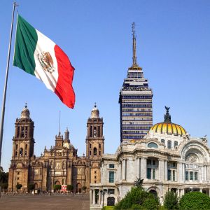 View of main landmarks in Downtown Mexico City, Cathedral, Palace of Fine Arts and Torre Latino.