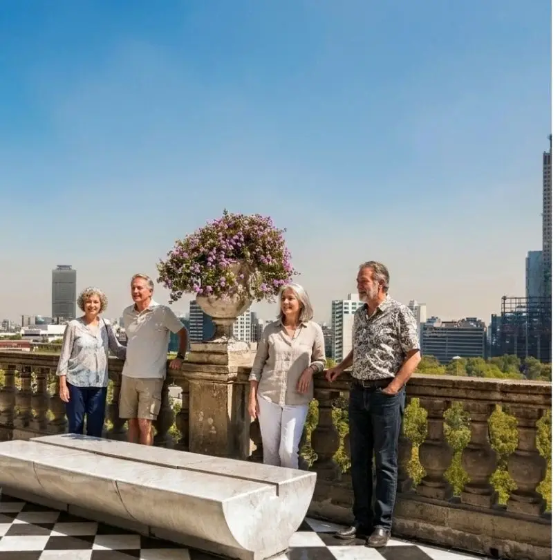 A group of cheerful senior travelers taking a selfie on the checkered terrace of Chapultepec Castle, with a panoramic view of Mexico City's skyscrapers like Torre Reforma in the background.