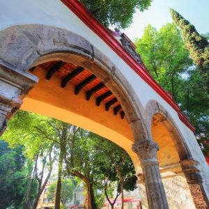 View of colorful arch the portal to Coyoacan Center Mexico City