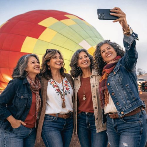 Four Girl Friends Selfie before boarding the hot air balloon above Teotihuacan Pyramids Mexico.