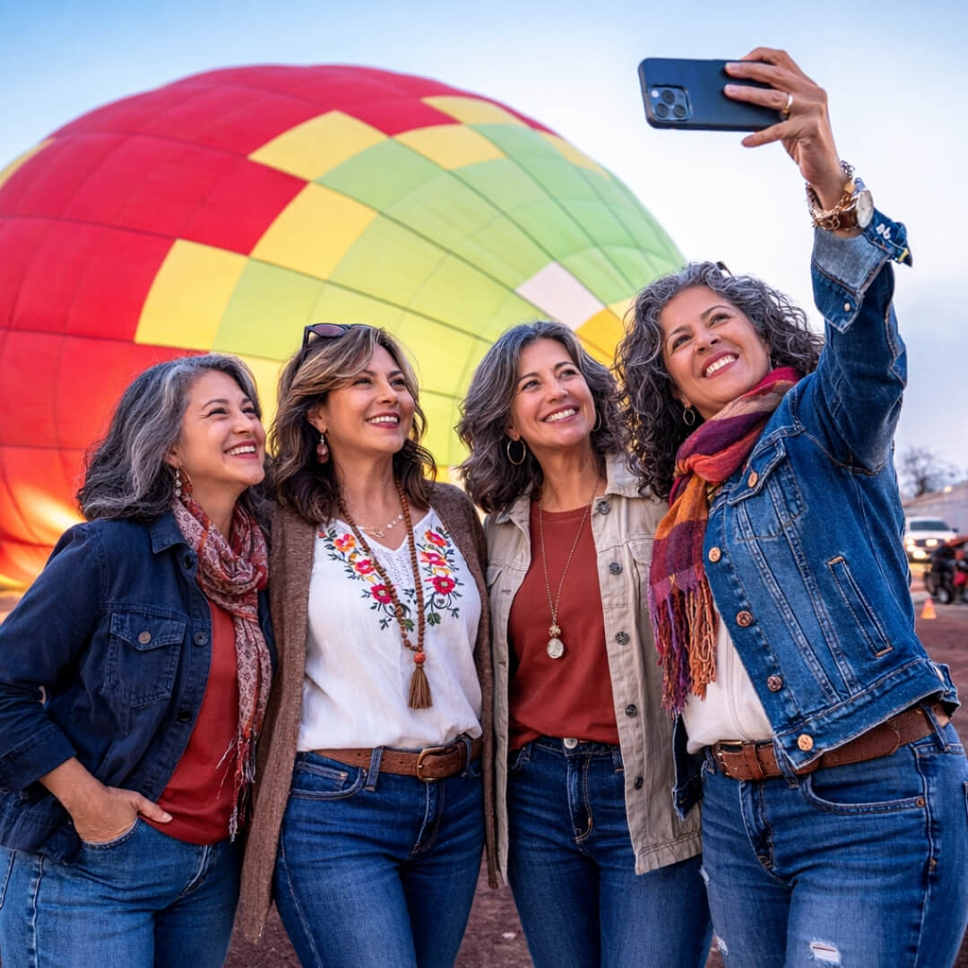 Four Girl Friends inside the basket of a Hot Air Balloon above Teotihuacan Mexico.