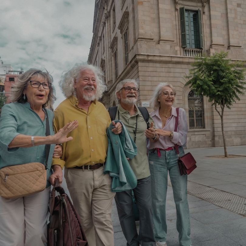A group of five happy senior cultural travelers walking together and laughing during a guided tour through the historic streets of Downtown Mexico City.
