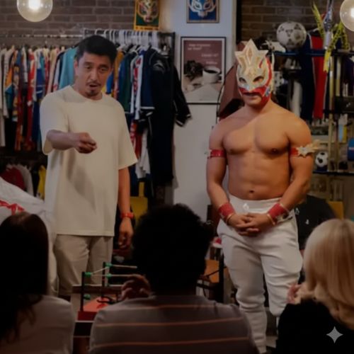 Mexican Professional Wrestler meeting tourist in a pre-show event