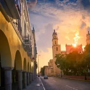 View of Merida´s Zocalo at sunset.