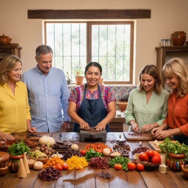 A Mexican chef in a traditional embroidered blouse teaching a group of four international travelers how to use a stone metate, with ingredients like chocolate, chilies, and piloncillo on a rustic wooden table.