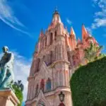 Lateral view of San Miguel Arcangel Church in Central Plaza in San Miguel de Allende Mexico.