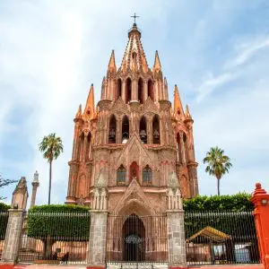 Front View of San Miguel Arcangel Church in Central Plaza in San Miguel de Allende, Guanajuato, Mexico.