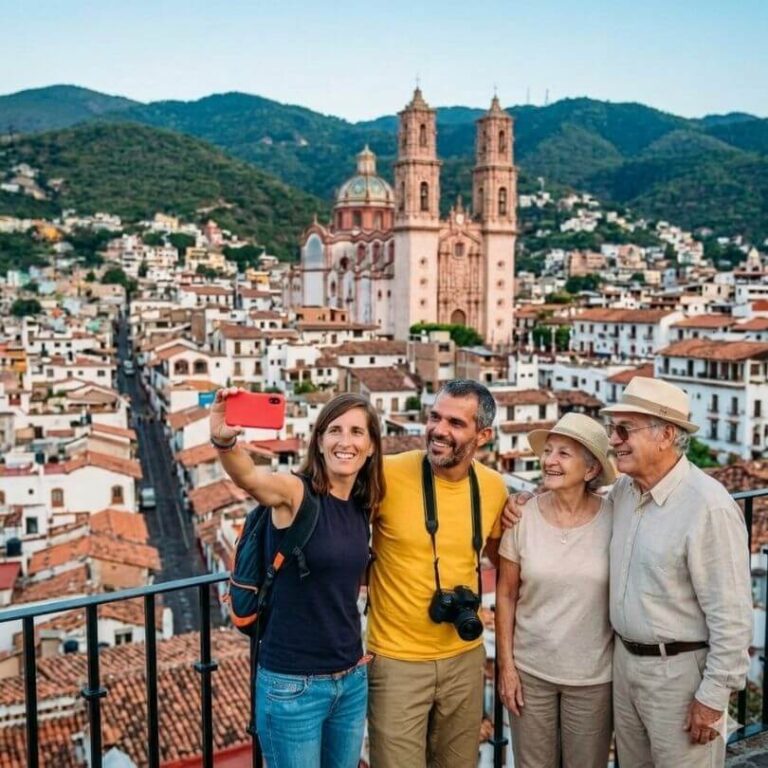 A young couple and an older couple taking a selfie with a red smartphone on a balcony overlooking the colonial city of Taxco, Mexico, with the Santa Prisca Church in the background.