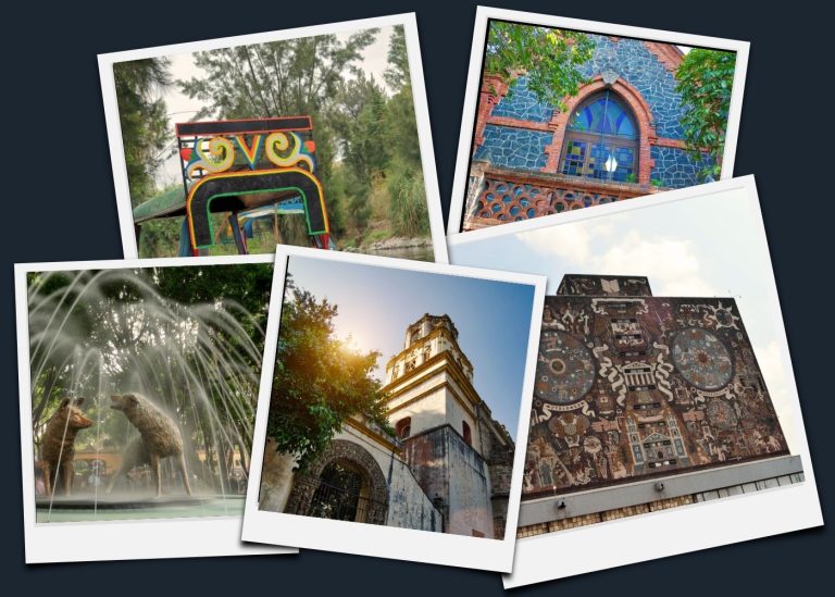 Picture collage of scenes in Coyoacan, Xochimilco and UNAM mosaic mural Library