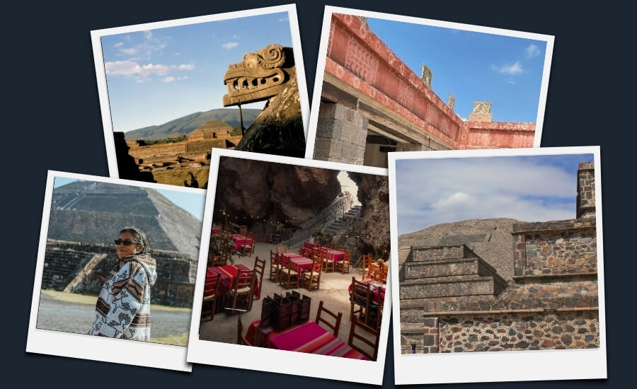 Teotihuacan tour highlights: Ancient pyramids, architectural temple details, a traveler exploring the site, and breakfast at the Cave Restaurant.