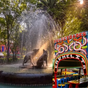 The famous Coyote Fountain in the main plaza of the Coyoacán neighborhood and a trajinera in Xochimilco, Mexico City.